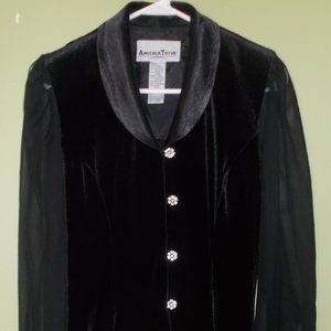 Black Velvet Ladies Jacket Small Sheer Sleeves Floral Diamond-like Buttons